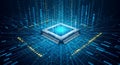 Closeup of a glowing blue microchip on a circuit board with binary code and data streams flowing through it digitally Royalty Free Stock Photo