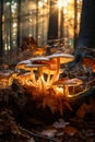 closeup of glowing forest mushrooms, magic fantasy, autumn season, generative AI