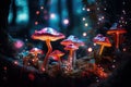 closeup of glowing forest mushrooms, magic fantasy, autumn season, generative AI