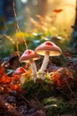 closeup of glowing forest mushrooms, magic fantasy, autumn season, generative AI