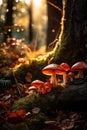 closeup of glowing forest mushrooms, magic fantasy, autumn season, generative AI