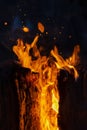 Closeup of glowing log embers and flames creating a fiery abstract background
