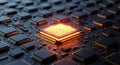 Closeup of a glowing microchip on a circuit board with numerous other chips and electronic components surrounding it Royalty Free Stock Photo
