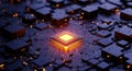 Closeup of glowing orange microchip on dark electronic circuit board with scattered orange lights modern technology concept Royalty Free Stock Photo