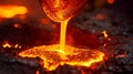 A closeup of glowing redhot molten silicon being poured into a mold as part of the production process for solar panel