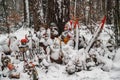 Closeup of gnomes covered with snow in a garden Royalty Free Stock Photo