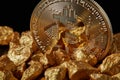 Closeup of Gold Bitcoin Coin and gold nugget on black background. Royalty Free Stock Photo