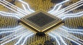 Closeup of a gold and black microchip with white light rays on a circuit board with honeycomb pattern Royalty Free Stock Photo