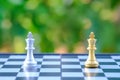 Closeup of gold and silver King chess pieces on chessboard with green nature background. Sport Boardgame and Compettition Concept