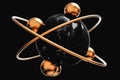 Closeup golden balls and rings around dark marble sphere at dark background. 3d render