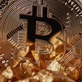 Closeup of golden Bitcoin Coin and mound of gold. Bitcoin cryptocurrency. Royalty Free Stock Photo