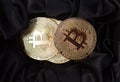 Closeup of golden bitcoin metallic coins in black velvet