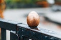 Closeup of a golden egg. The handle of a gate in a public park.