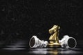 Closeup golden horse or knight chess with falling pawn chess on dark background for winner business with competitor and strategy Royalty Free Stock Photo