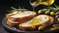 A Closeup of Golden Olive Oil Being Poured onto Fresh Bread, Set Against a Dark Canvas Royalty Free Stock Photo