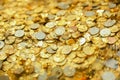 Closeup Golden plate foil with coin at Thai Temple Buddha