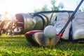 Closeup golf ball on tee ready to be shot Royalty Free Stock Photo