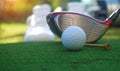 Closeup golf ball on tee ready to be shot Royalty Free Stock Photo