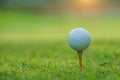 Closeup golf ball on tee ready to be shot. Golf ball on tee in the evening golf course with sunshine. Blurred set of golf clubs Royalty Free Stock Photo