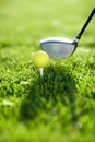 Closeup, golf ball and tee for swing on driving range for sports competition, recreation hobby or practice. Target Royalty Free Stock Photo