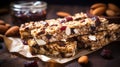 closeup of granola bars made with oats, dried fruit, nuts and chocolate chips Royalty Free Stock Photo