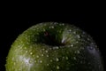 Closeup of a green apple with water droplets against a solid black background. Royalty Free Stock Photo