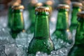 Closeup of green beer bottles getting cool in ice Royalty Free Stock Photo