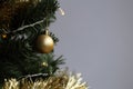 Gold, White and Silver Christmas Ornaments in Christmas Tree Branch Royalty Free Stock Photo