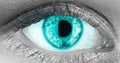 Closeup of green, coral human eye. Macro pupil retina human colse eye, eyeball. Female eyes with long eyelashes close up