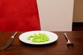 Closeup of green pills in a plate on the table with a fork and a knife under the lights in a house Royalty Free Stock Photo