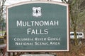 Closeup on a green sign panel of the Multnomah Falls in Northern Oregon