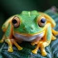 Closeup of a green tree frog on a wet leaf, AI-generated. Royalty Free Stock Photo