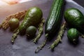 Closeup of green vegetables on the table on a black background, top view. Rosemary, cumin, cucumbers, avocado