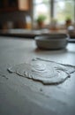 Closeup of grey plaster coating on kitchen table top. Wet mortar applied. Trowel in background. Renovation, repair work in Royalty Free Stock Photo