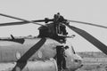 Closeup greyscale photograph of the detail of the two rotors of the Chinook helicopter