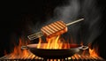 Closeup Of Grill With Fire And Charcoal. Hot empty barbecue BBQ grill with flaming fire and ember charcoal on black background