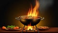 Closeup Of Grill With Fire And Charcoal. Hot empty barbecue BBQ grill with flaming fire and ember charcoal on black background