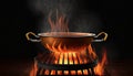 Closeup Of Grill With Fire And Charcoal. Hot empty barbecue BBQ grill with flaming fire and ember charcoal on black background