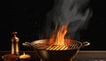 Closeup Of Grill With Fire And Charcoal. Hot empty barbecue BBQ grill with flaming fire and ember charcoal on black background