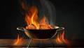 Closeup Of Grill With Fire And Charcoal. Hot empty barbecue BBQ grill with flaming fire and ember charcoal on black background