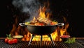 Closeup Of Grill With Fire And Charcoal. Hot empty barbecue BBQ grill with flaming fire and ember charcoal on black background