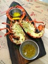 Closeup grilled lobster top with garlic seasoning