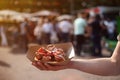 Closeup of grilled meat with salsa at the street festival Royalty Free Stock Photo