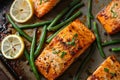 Closeup of Grilled Salmon Fillet with Green Beans Royalty Free Stock Photo