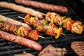 Grilling sausages and skewers on a barbecue Royalty Free Stock Photo