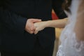 Closeup of the groom holding his bride's hand