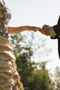Closeup of groom placing a wedding ring on his brides finger