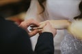 Closeup of the groom putting the wedding ring on his bride's finger