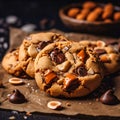 Closeup of a group of assorted cookies. Chocolate chip, oatmeal raisin,