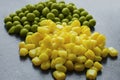 Closeup of a group of canned vegetables. mixed veggies, corn, green peas Royalty Free Stock Photo